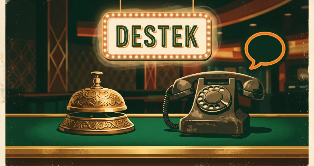 DaVegas destek masasında pirinç servis zili, eski telefon ve ışıklı Destek tabelası